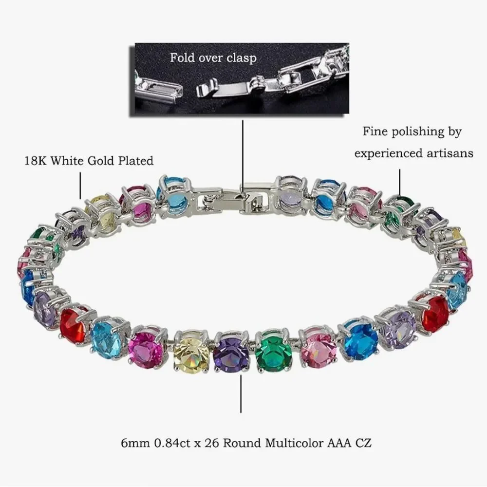 NEW 14k White Gold Plated 6mm Multi Colored Cubic Zirconia Tennis Bracelet